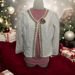 Elegant White Women's Jacket with Embellished Trim